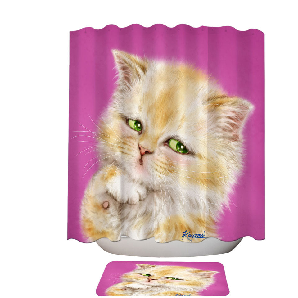 Kids Shower Curtains Cats Designs Blushing Little Girl Kitten