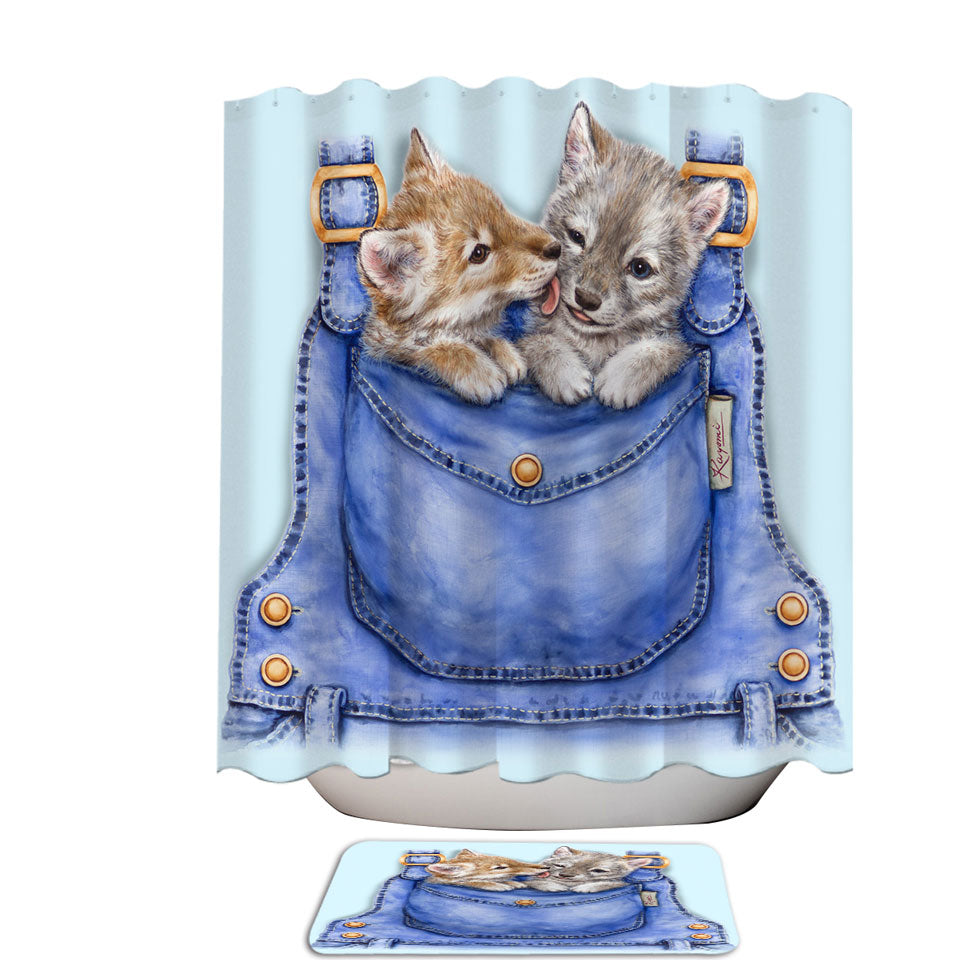 Kids Shower Curtains Cute Animals Wolf Cubs Overall