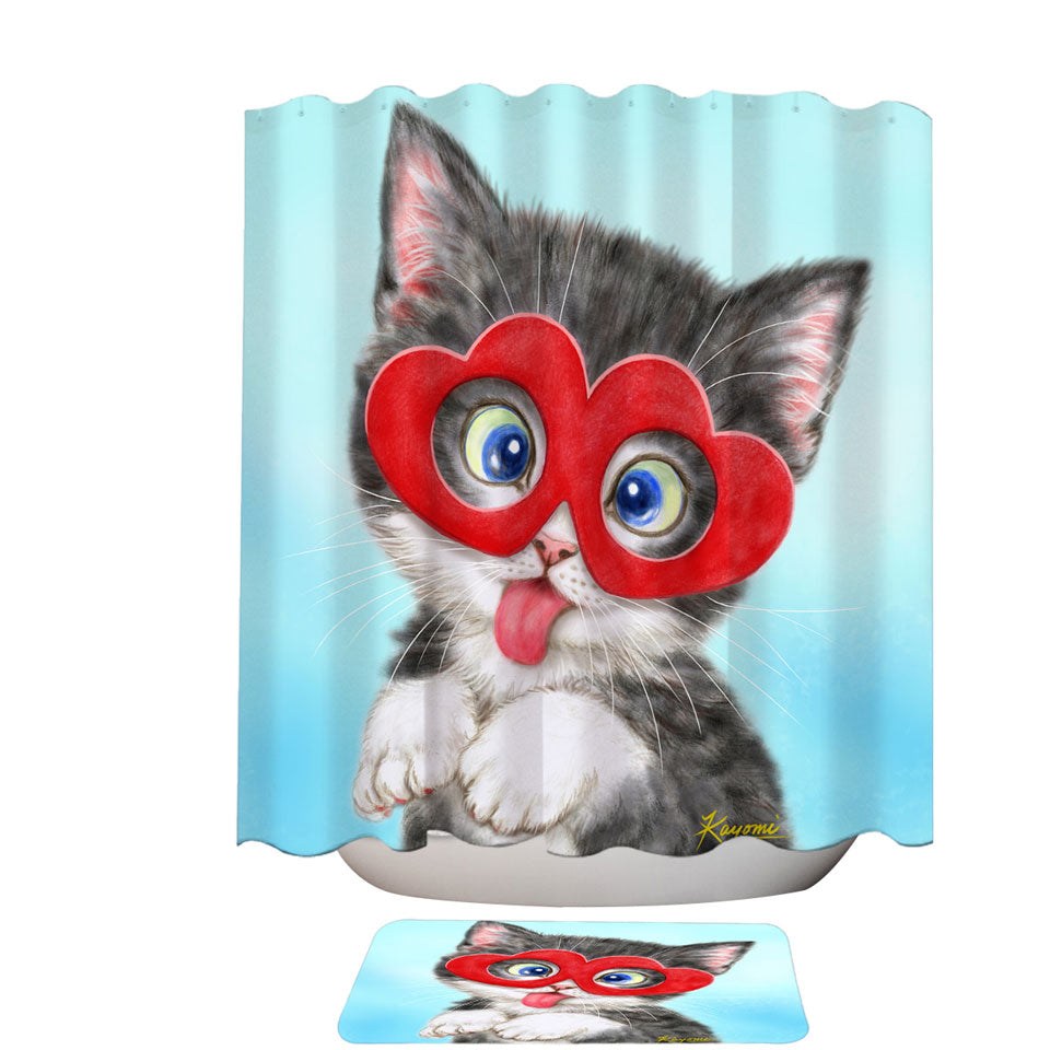 Kids Shower Curtains Cute Silly Kitten Wearing Heart Glasses