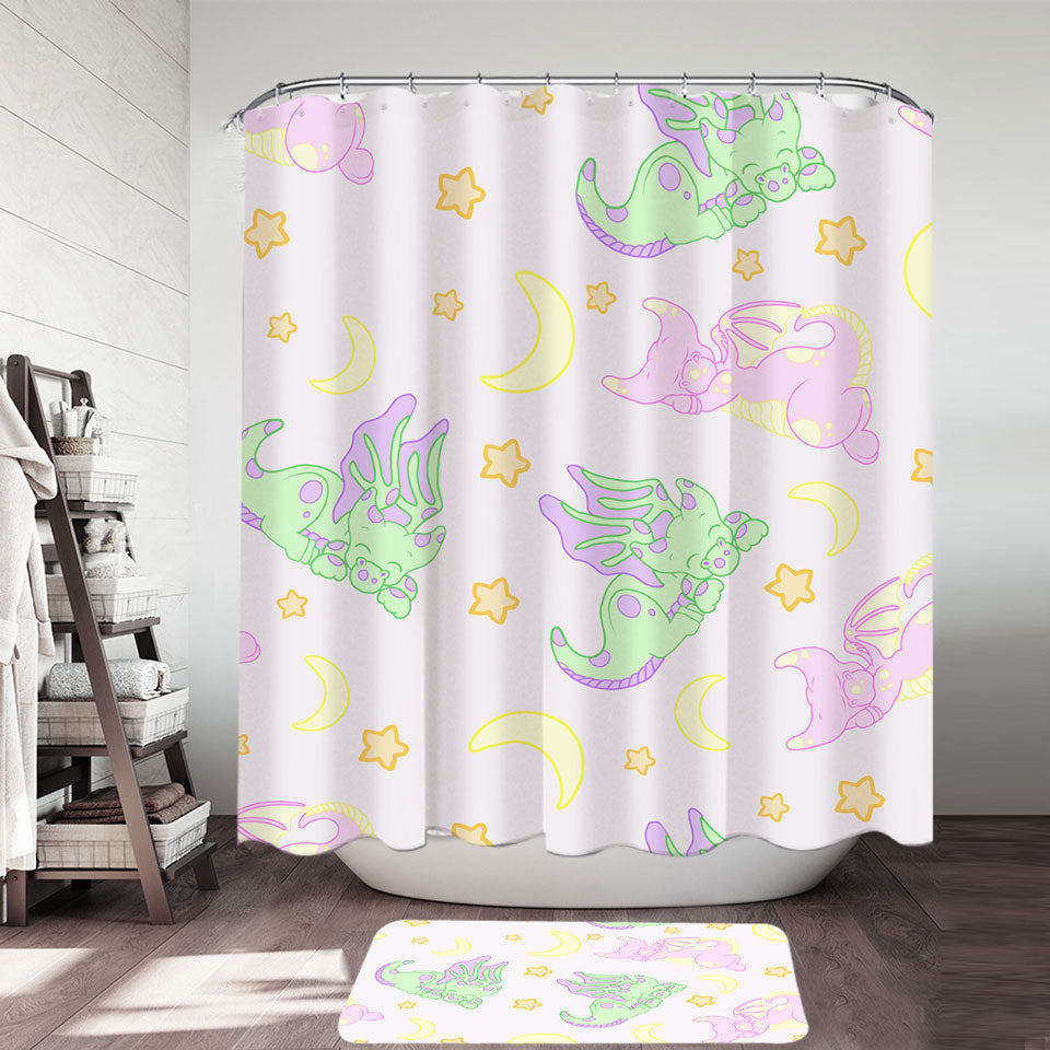 Kids Shower Curtains Cute Sleeping Dragons Pattern for Girls