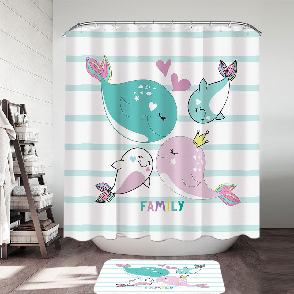 Kids Shower Curtains Cute Whale Family