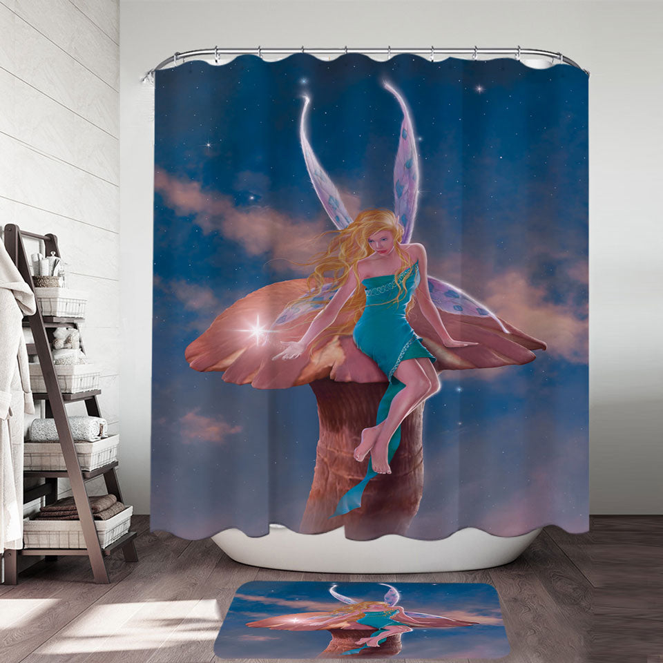 Kids Shower Curtains Fantasy Art Big Mushroom and Little Fairy