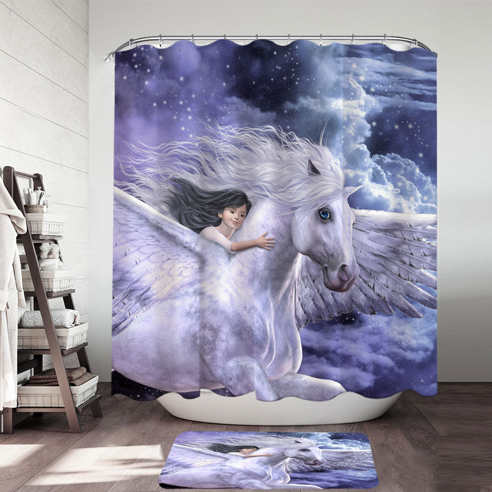 Kids Shower Curtains Fantasy Art Cute Girl Riding Flying Horse