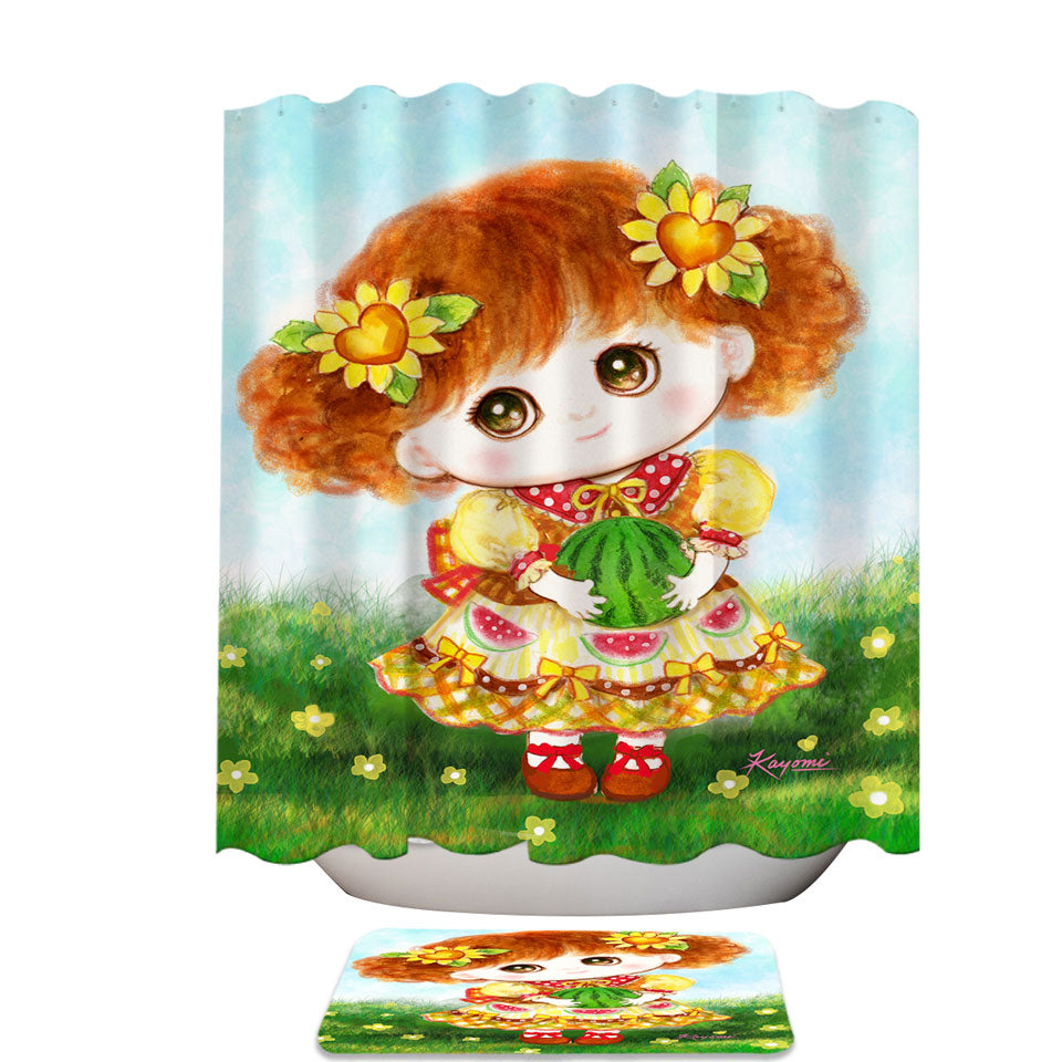 Kids Shower Curtains Online Drawings Yellow Girl and Watermelon