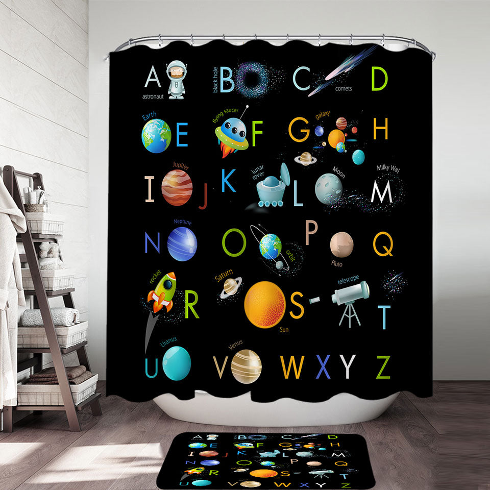 Kids Shower Curtains Space Themed Alphabet for Kids