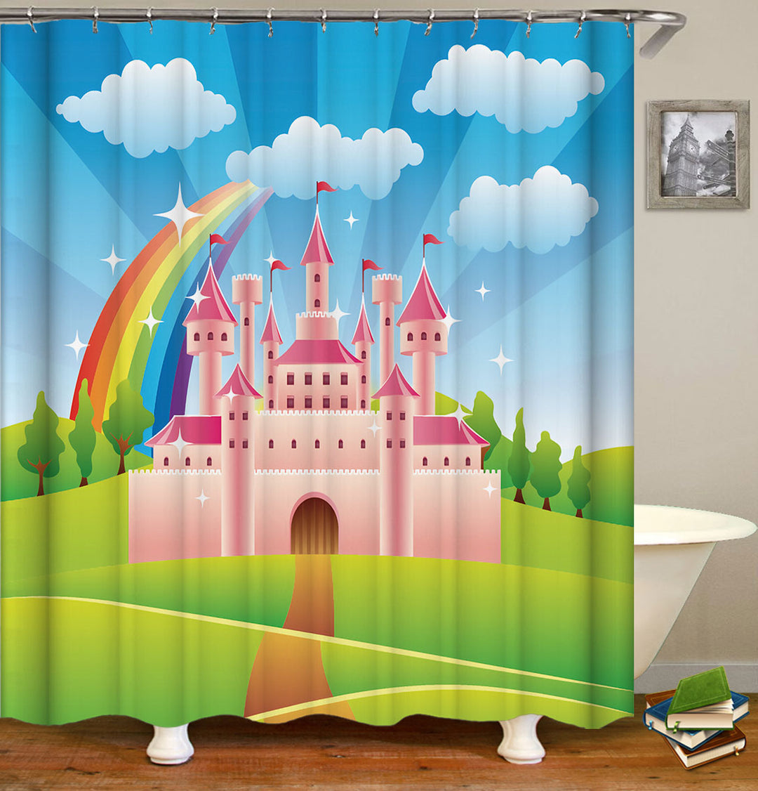 Kids Shower Curtains and Bathroom Decor Rainbow and Pink Castle