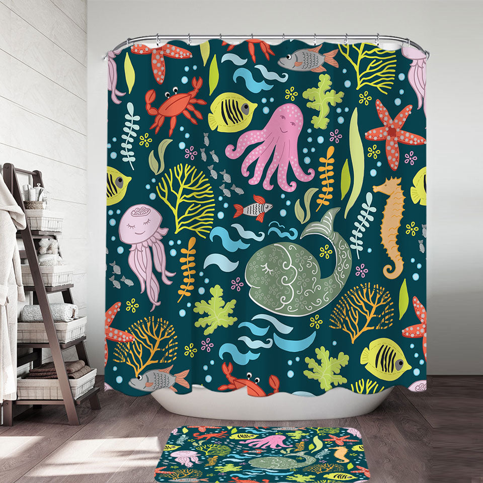 Kids Shower Curtains and Bathroom Rugs Multi Colored Marine Animals