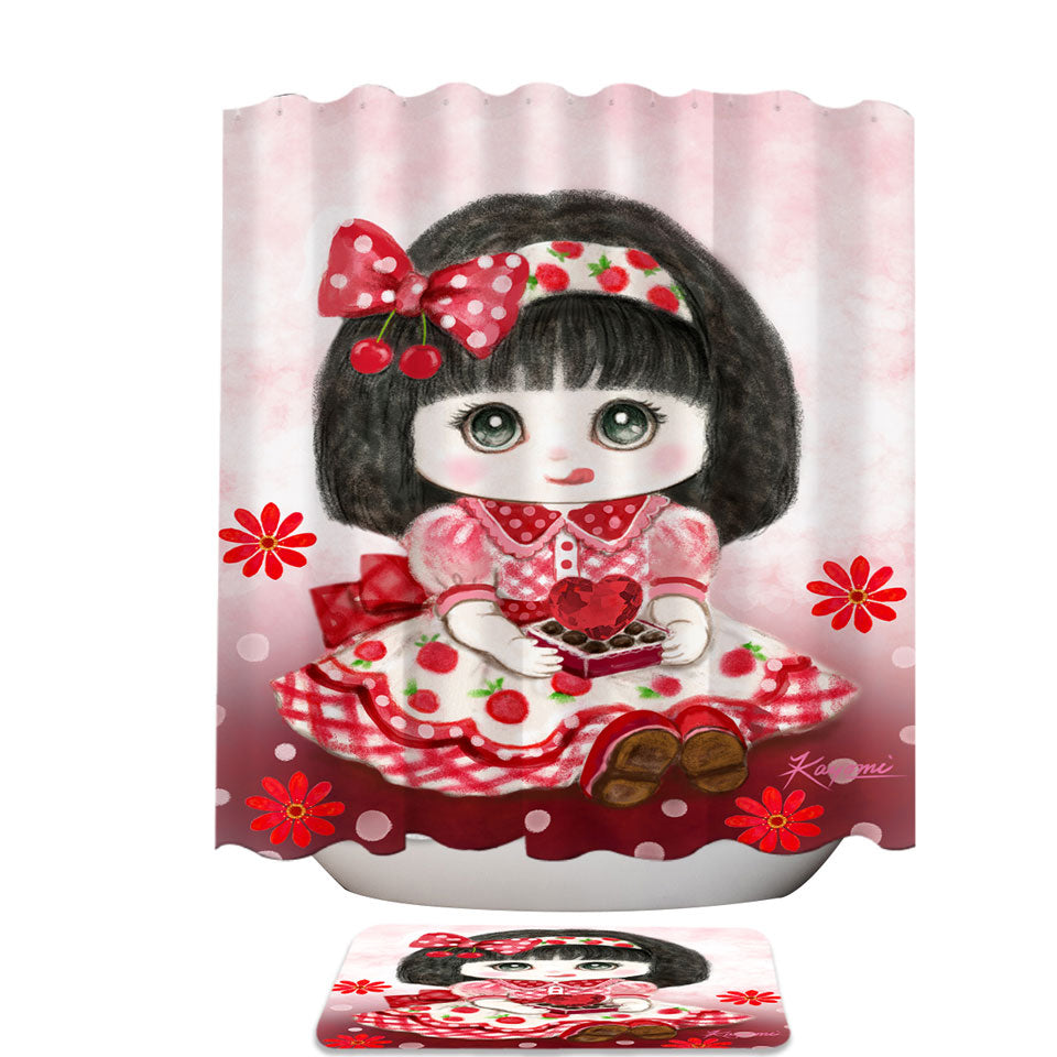Kids Shower Curtains for Sale Drawings Red Girl Heart and Flowers