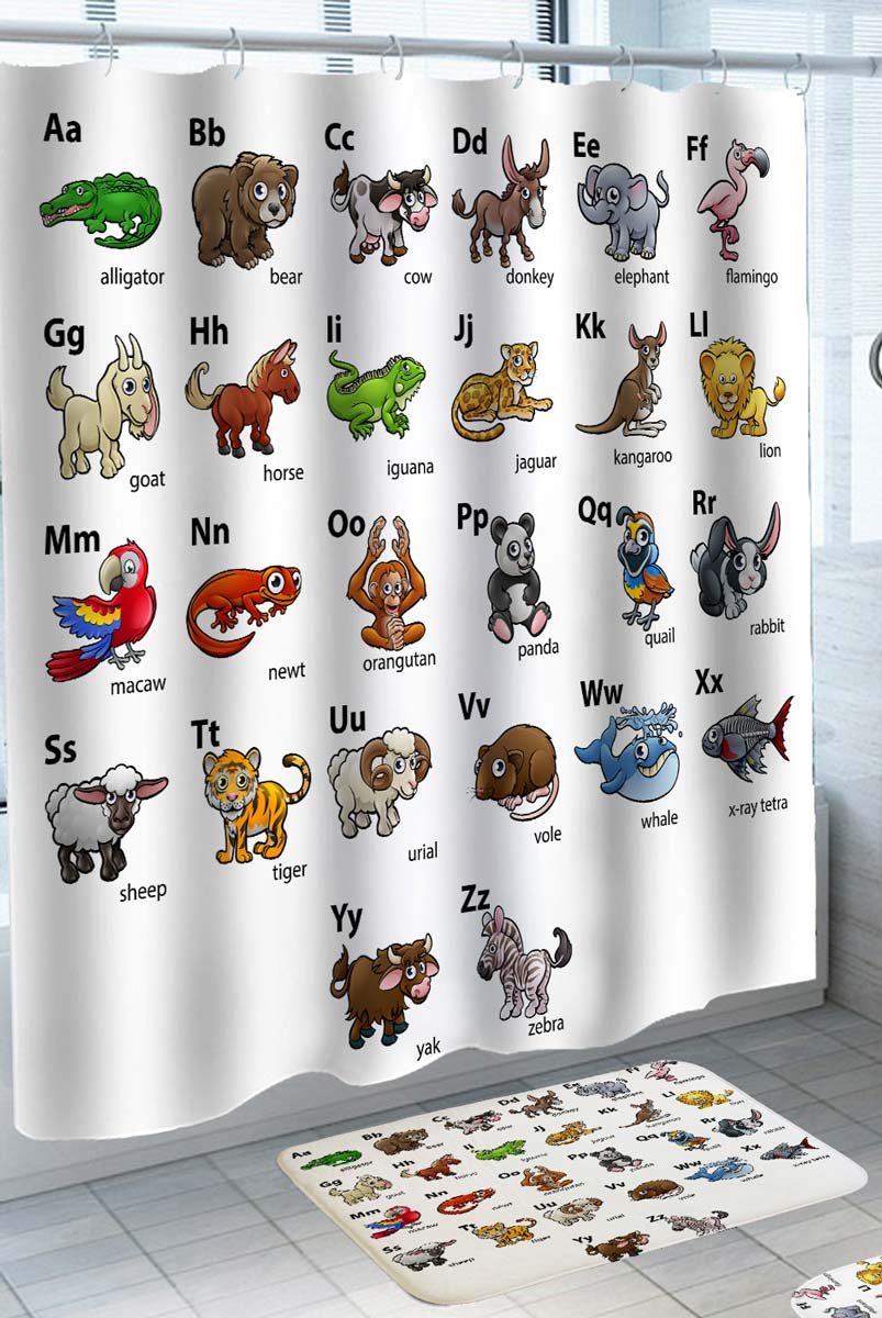 Kids Shower Curtains of Animals Alphabet Cartoons