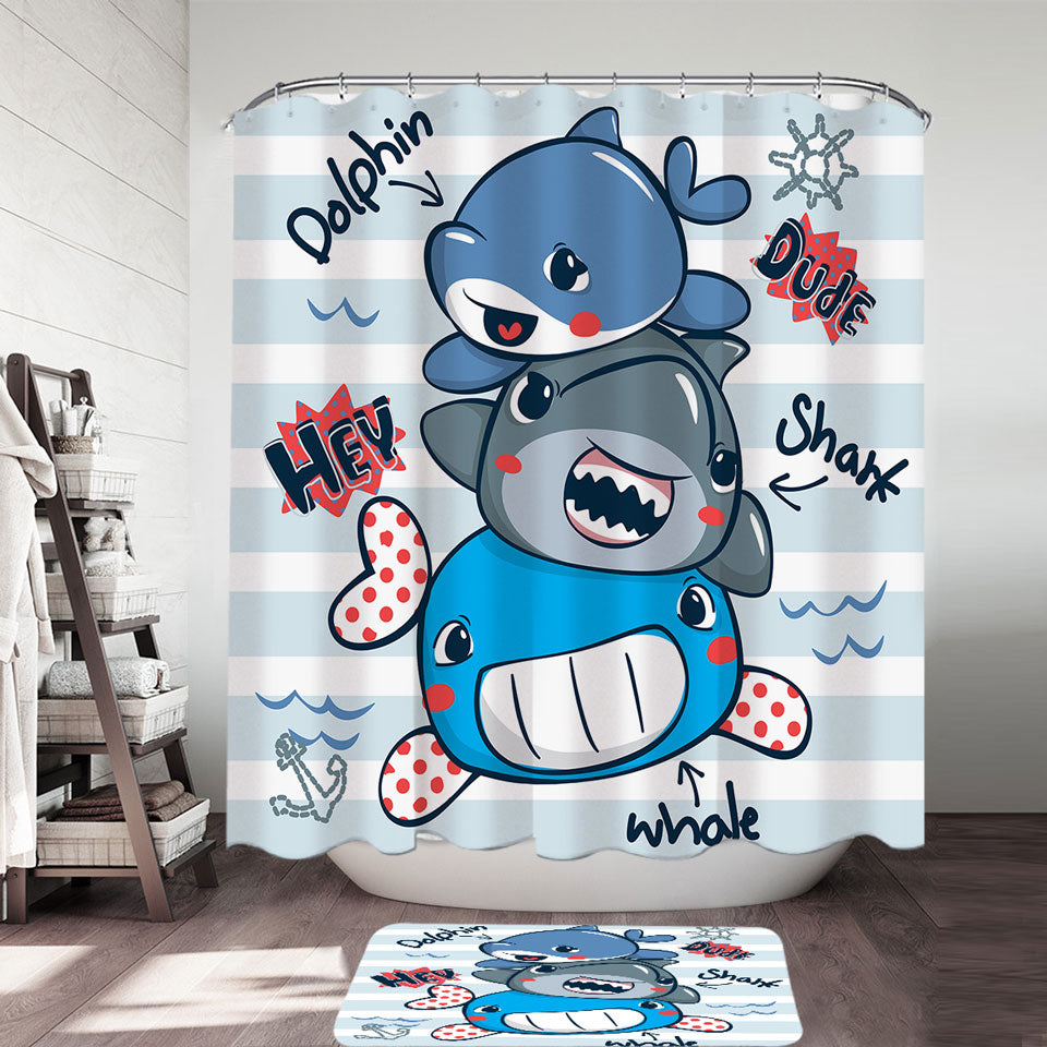 Kids Shower Curtains of Cute Dolphin Shark and Whale
