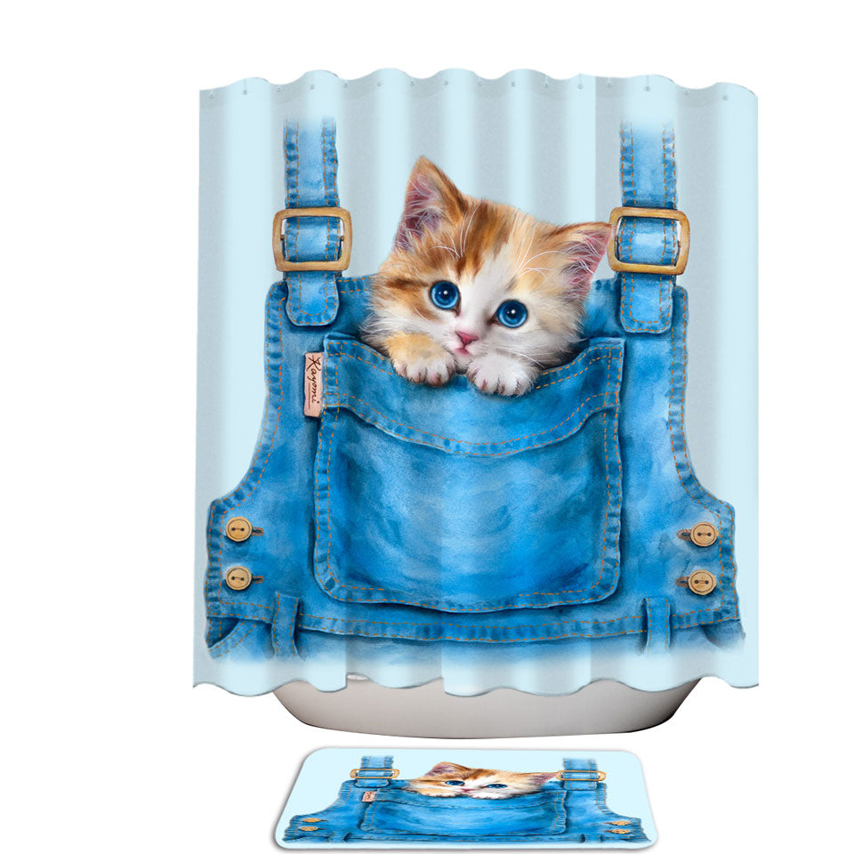 Kids Shower Curtains with Adorable Animal Drawings Pocket Kitten