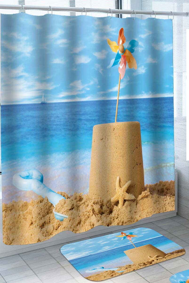 Kids Shower Curtains with Beach Sand Castle with an Ocean View