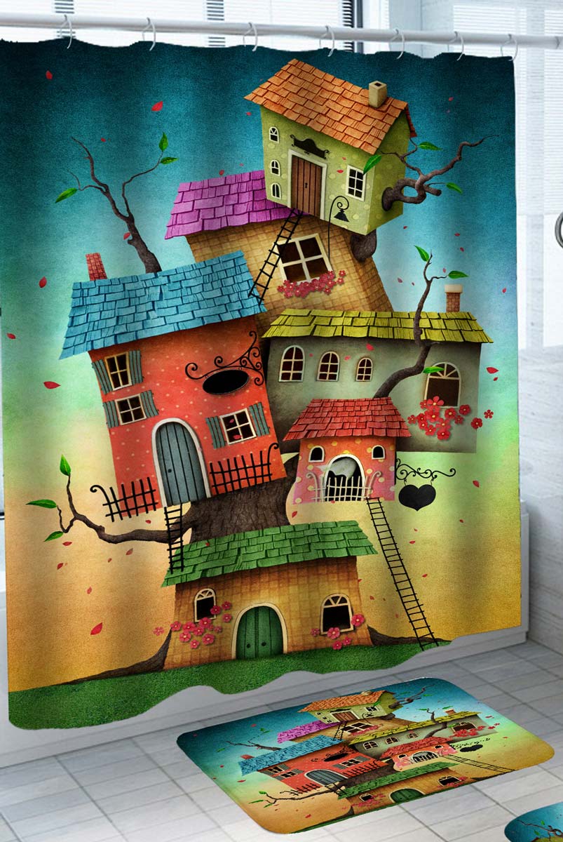 Kids Shower Curtains with Colorful Tree House