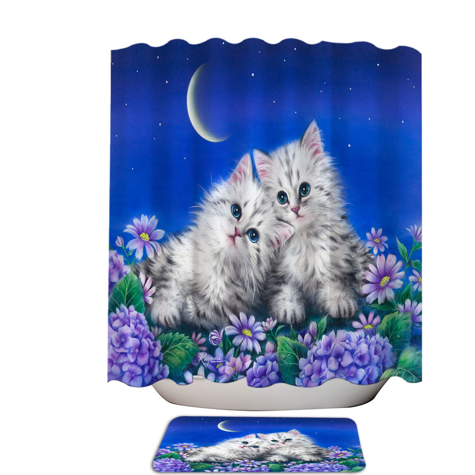 Kids Shower Curtains with Moonlight Cats Cute Sweet Kittens at Night