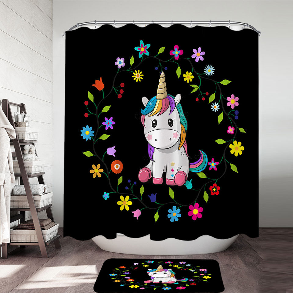 Kids Shower Curtains with Simple Floral Circle and Adorable Unicorn