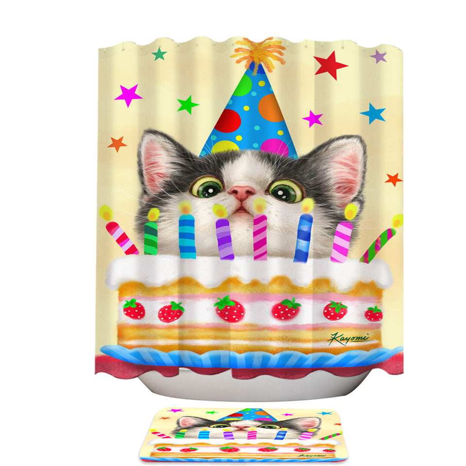 Kids Trendy Shower Curtains Designs Cute Birthday Cake Kitten Cat
