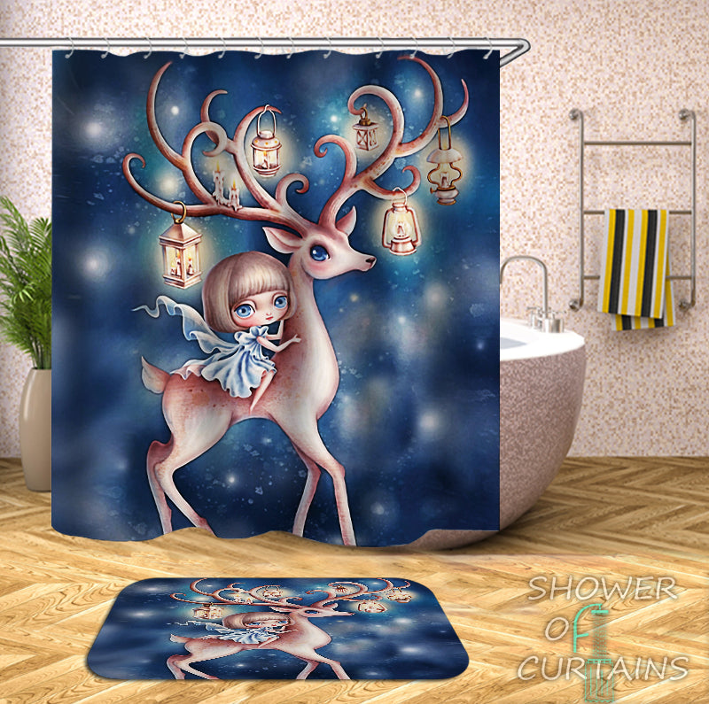 Kids' - Cartoon Girl Riding A Deer Shower Curtain