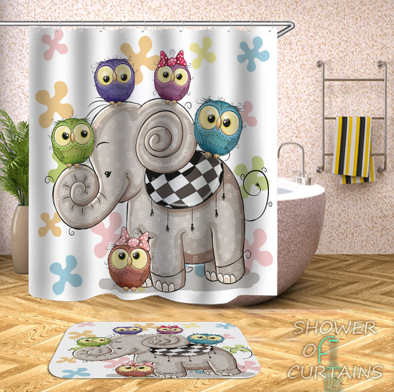 Kids' Shower Curtains - Adorable Owls And Elephant Shower Curtain