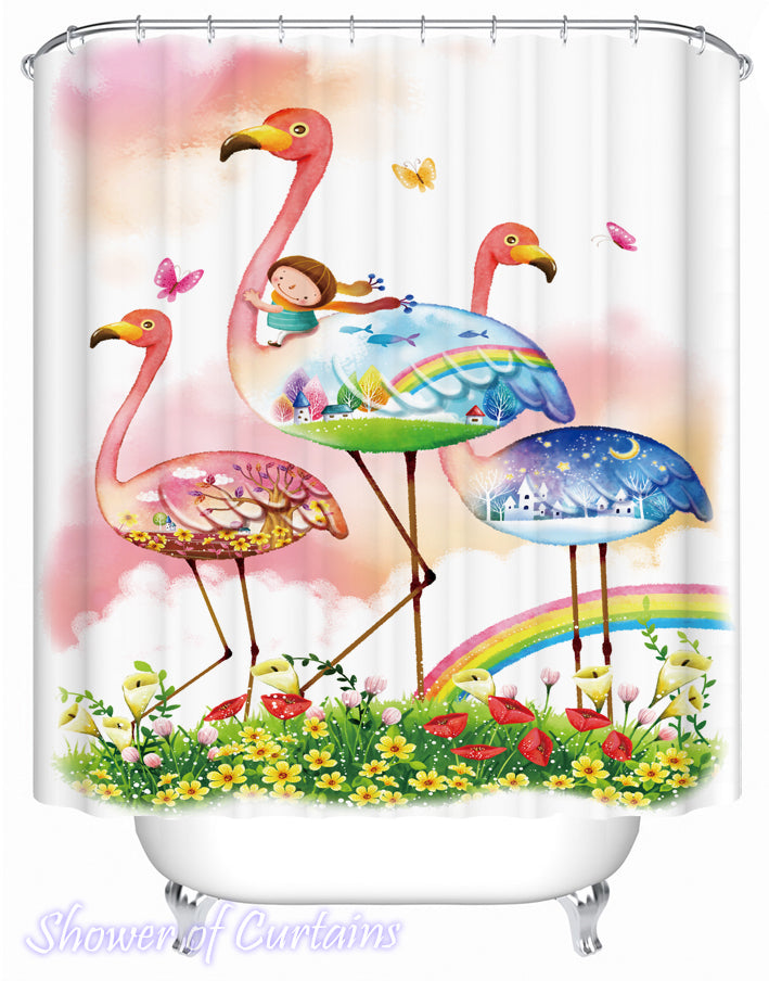 Kids Shower Curtains of Fairy Tale Flamingos Shower Curtain