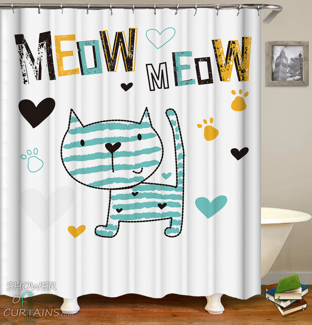 Kids Shower Curtains of Meow Cute Cat Drawing