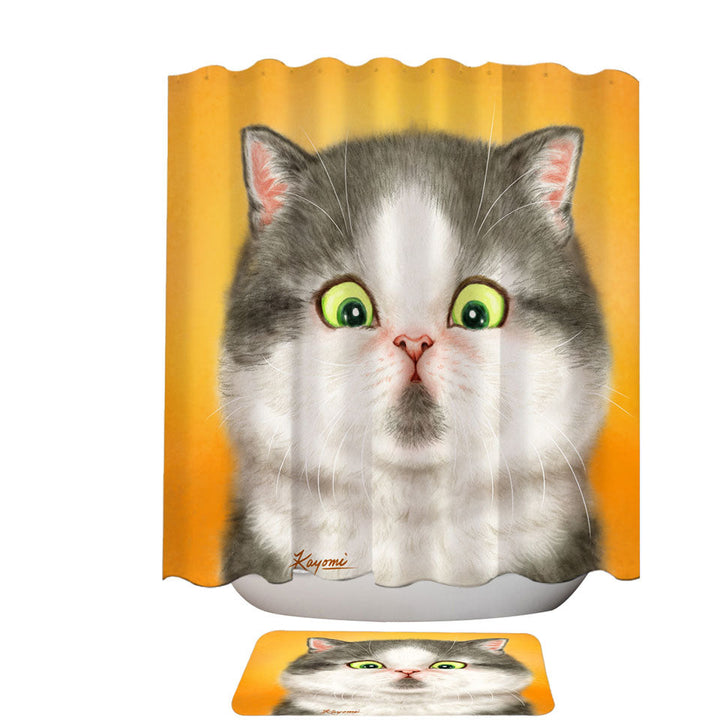 Kittens Art Cute Chubby Grey Cat Shower Curtain and Bathroom Rug