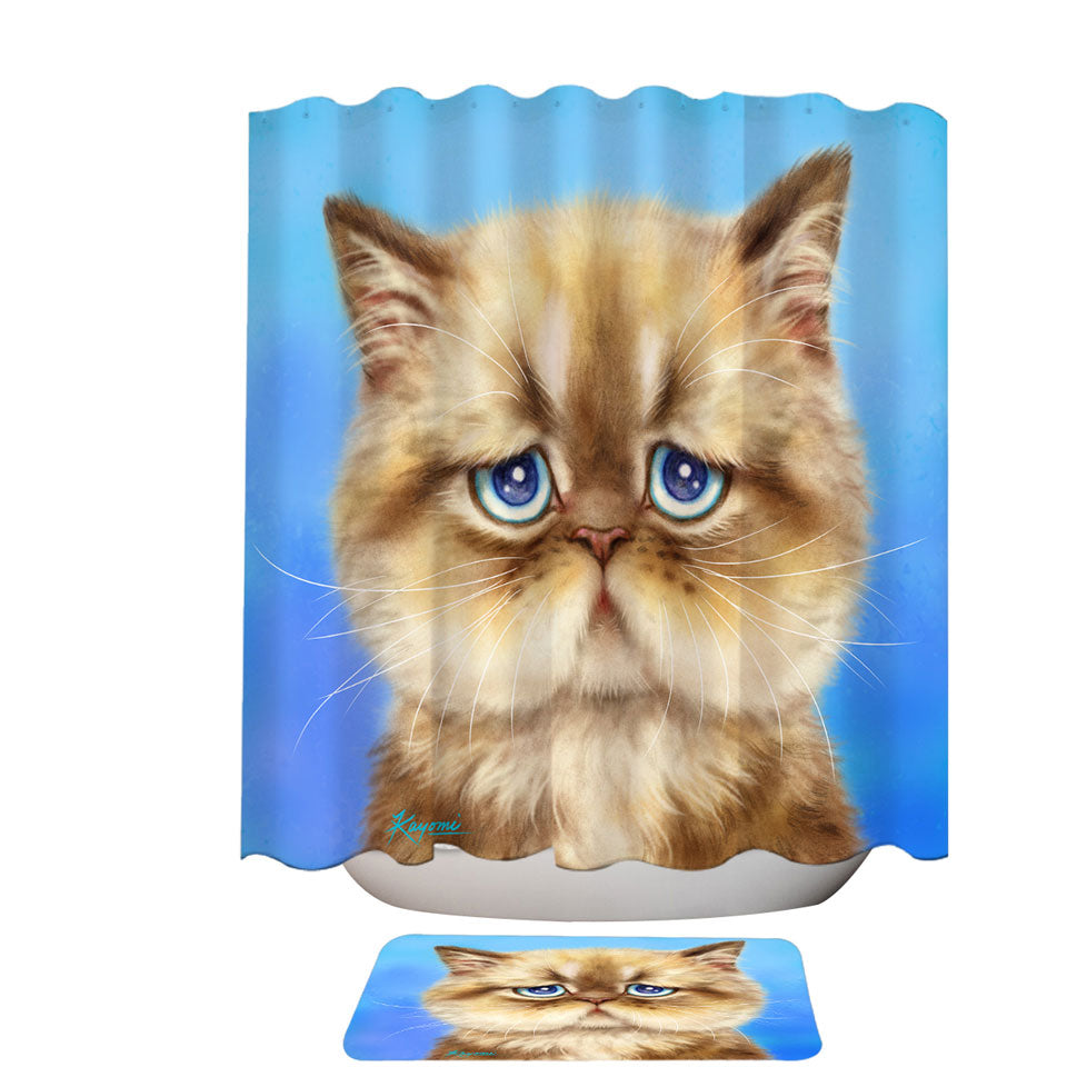 Kittens Cute Drawings Brown Sad Cat over Blue Shower Curtain and Bathroom Mat