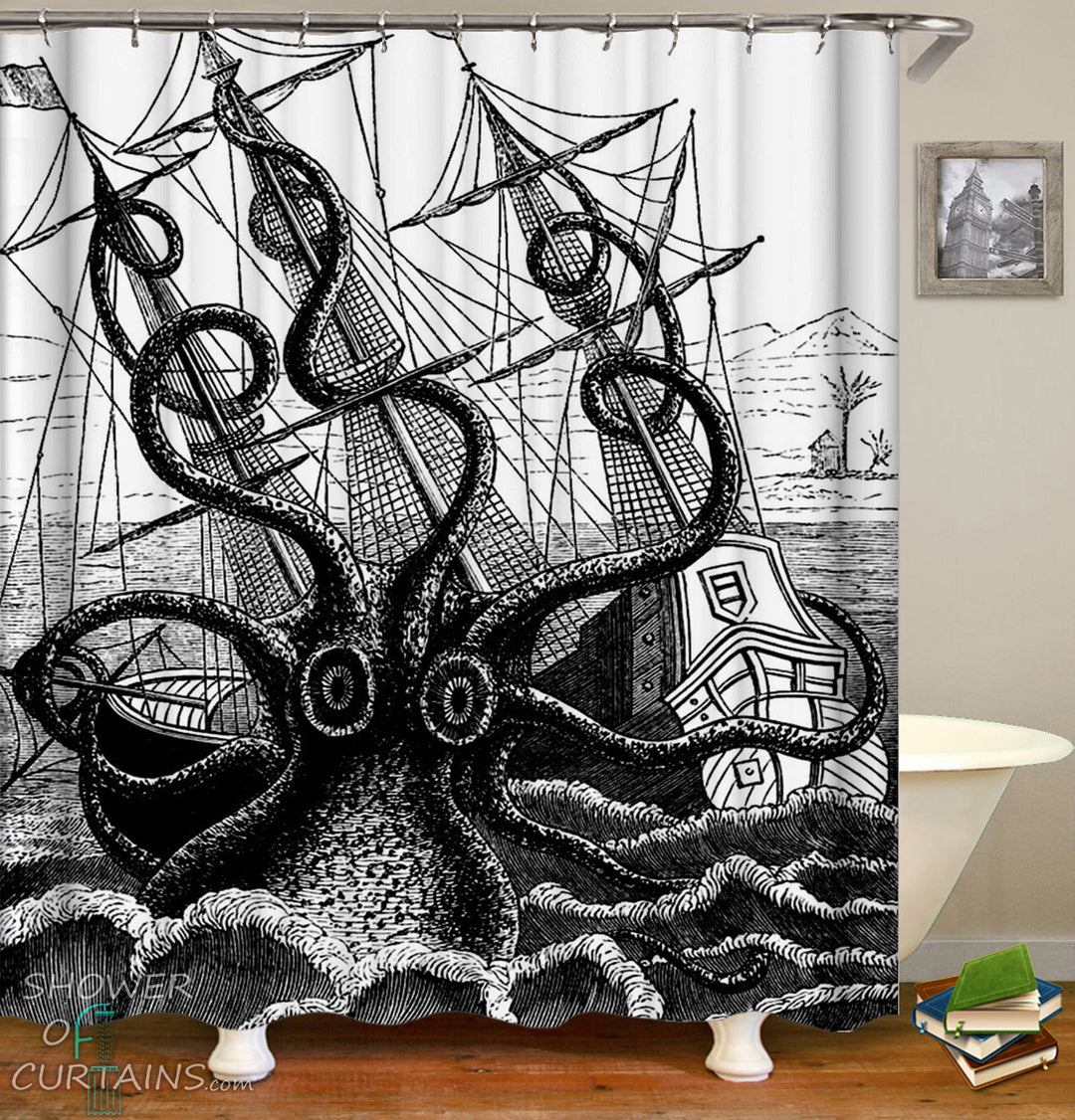 Kraken Shower Curtain - Black And White Kraken Attack