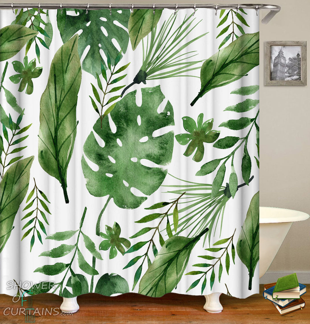 Leaf Shower Curtain - Simple Green Leaves Painting