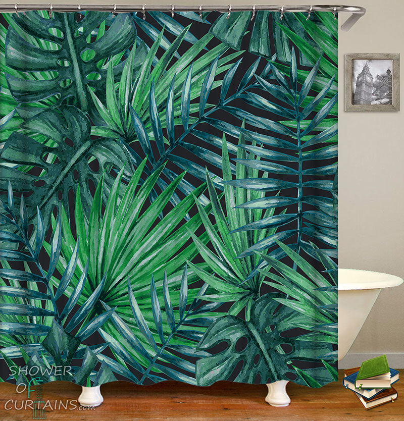 Leaf Shower Curtain of Palm Trees Leaves Over Black