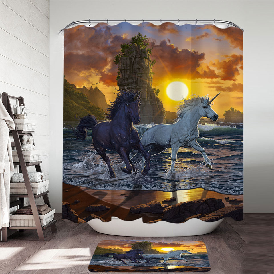 Legendary Beach Unicorns in Sunset Shower Curtain