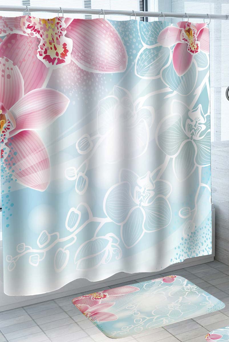 Light Blue and Pink Orchid Flowers Shower Curtain
