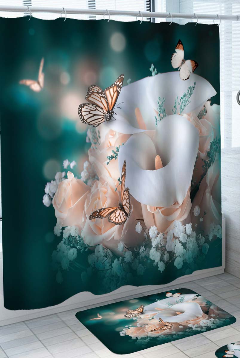 Light Pink Butterflies Roses Calla Lily Shower Curtain