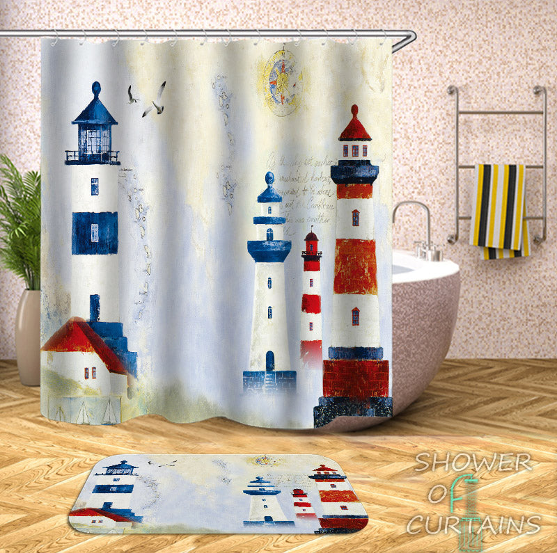 Lighthouse Shower Curtain - Old Town Lighthouse Painting - Nautical Bathroom Decor