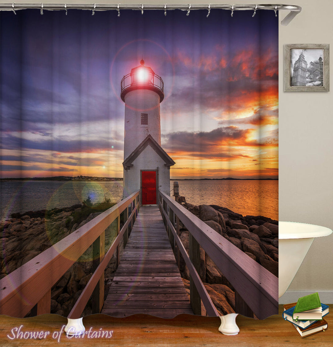 Lighthouse Sunset shower curtains