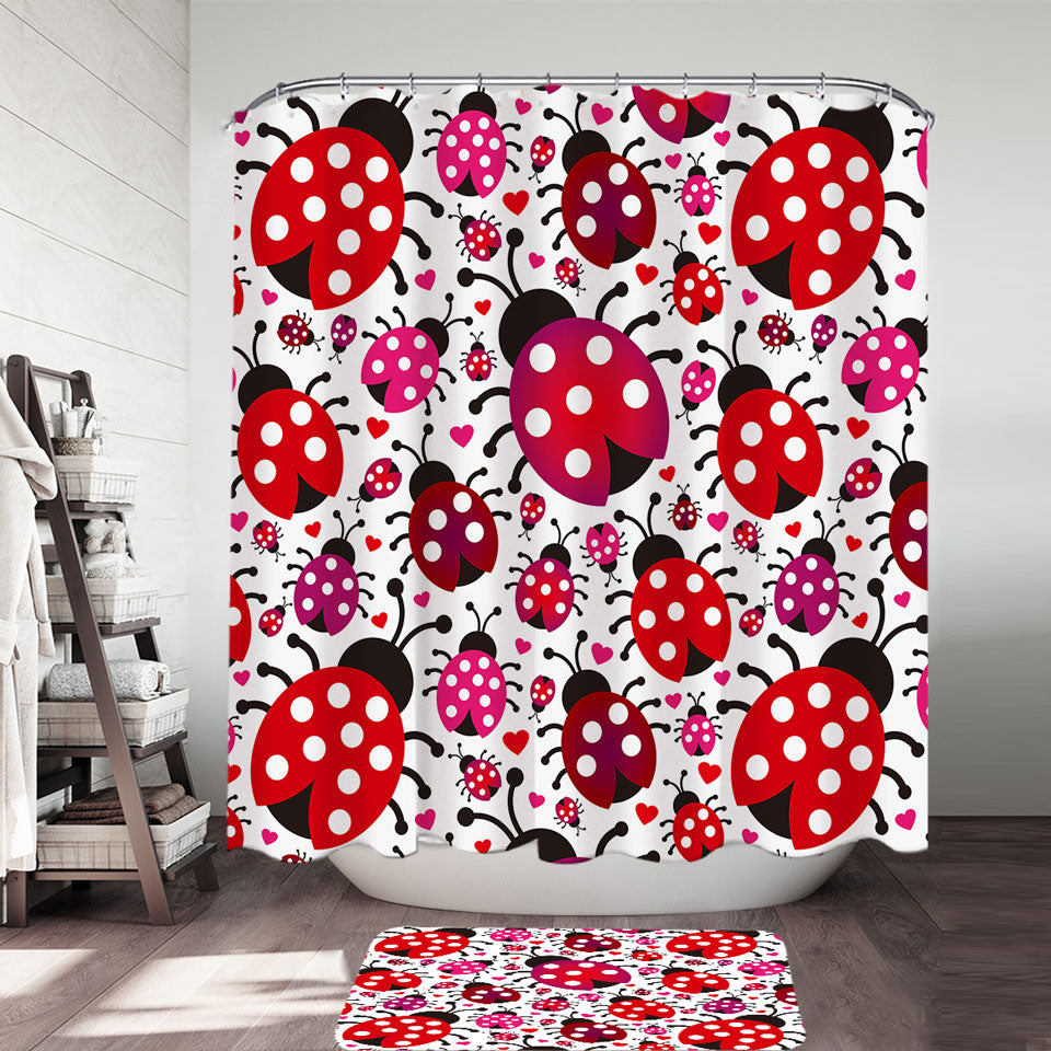 Little Hearts and Ladybugs Shower Curtain Cute Bathroom Decor