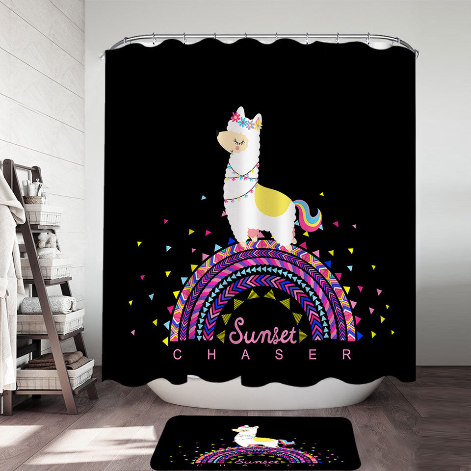 Llama Shower Curtains Walking on Colorful Multi Pattern Rainbow