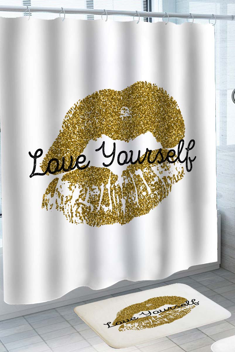 Love Yourself Positive Inspiring Gold Lips Kiss Shower Curtain
