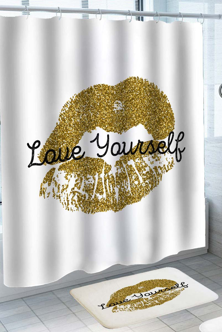 Love Yourself Positive Inspiring Gold Lips Kiss Shower Curtain