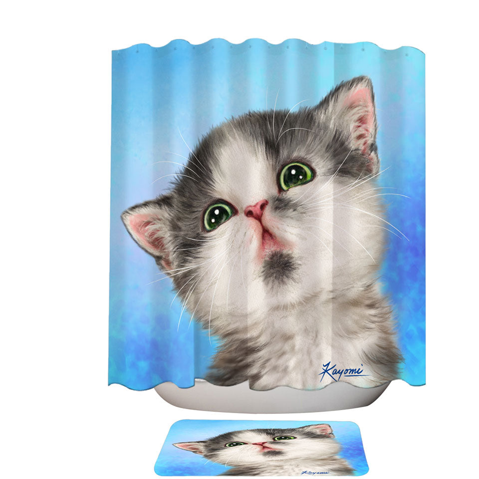 Lovely Shower Curtains Grey White Kitten for Children