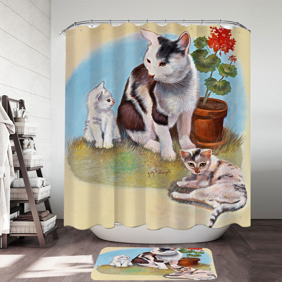 Lovey Cat Shower Curtain Art Painting Momma Cat and Kittens