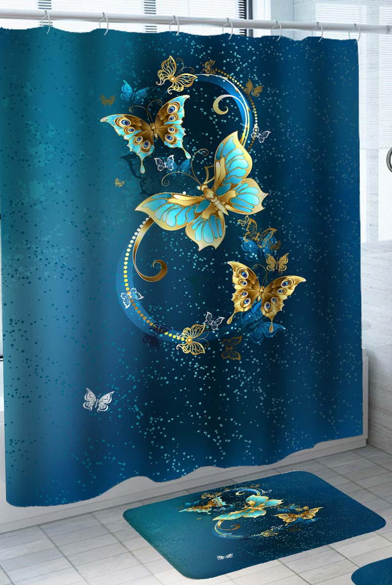 Magical Gold Blue Butterflies Shower Curtains