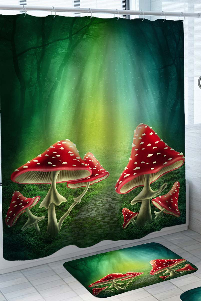 Magical Shower Curtains Forest with Red Mushrooms