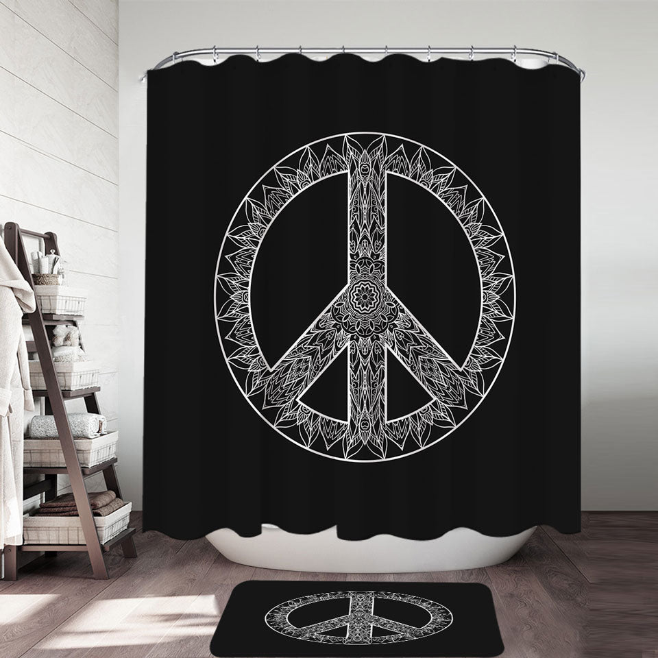 Mandala Pattern Black and White Peace Sign Shower Curtains