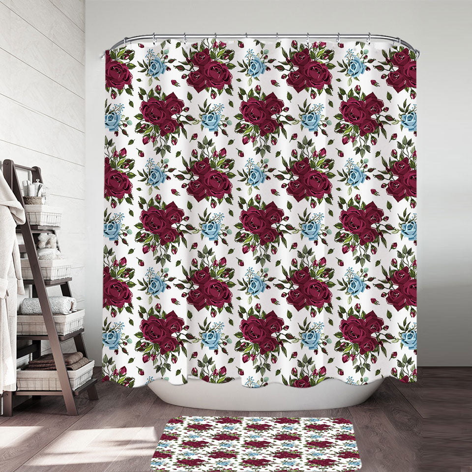 Maroon Red and Sky Blue Roses Classic Shower Curtains