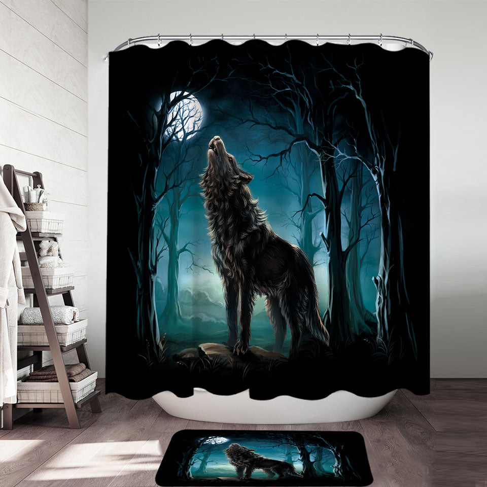 Mens Shower Curtains A Wolf Howls at a Moon