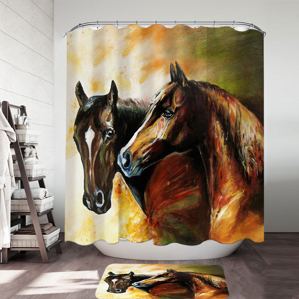 Mens Shower Curtains Brown Painted Horses Shower Curtain and Bathroom Rugs