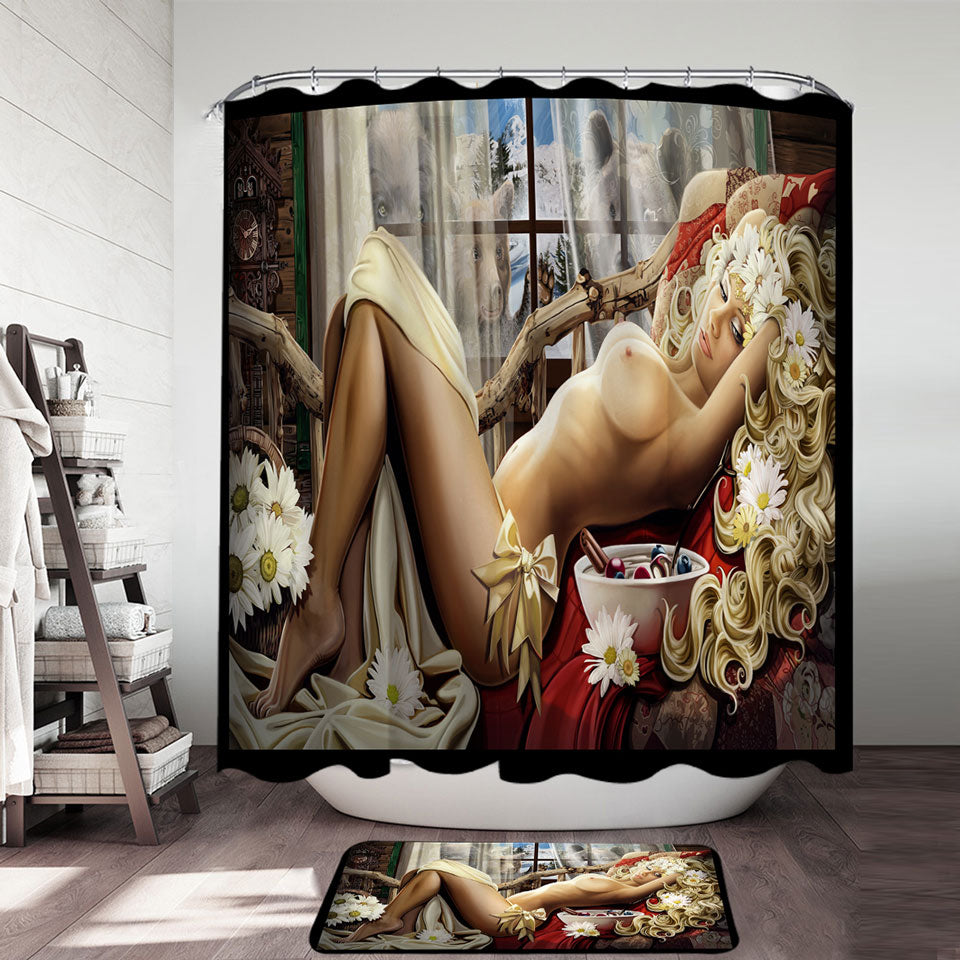 Mens Shower Curtains Cool Sexy Art Beautiful Woman Trying to Sleep