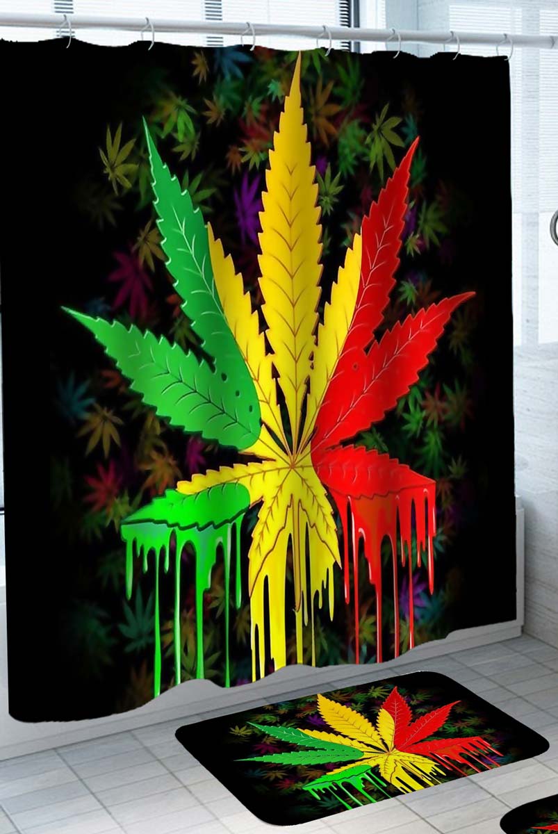 Mens Shower Curtains Green Yellow and Red Paint Drip Weed Leaf