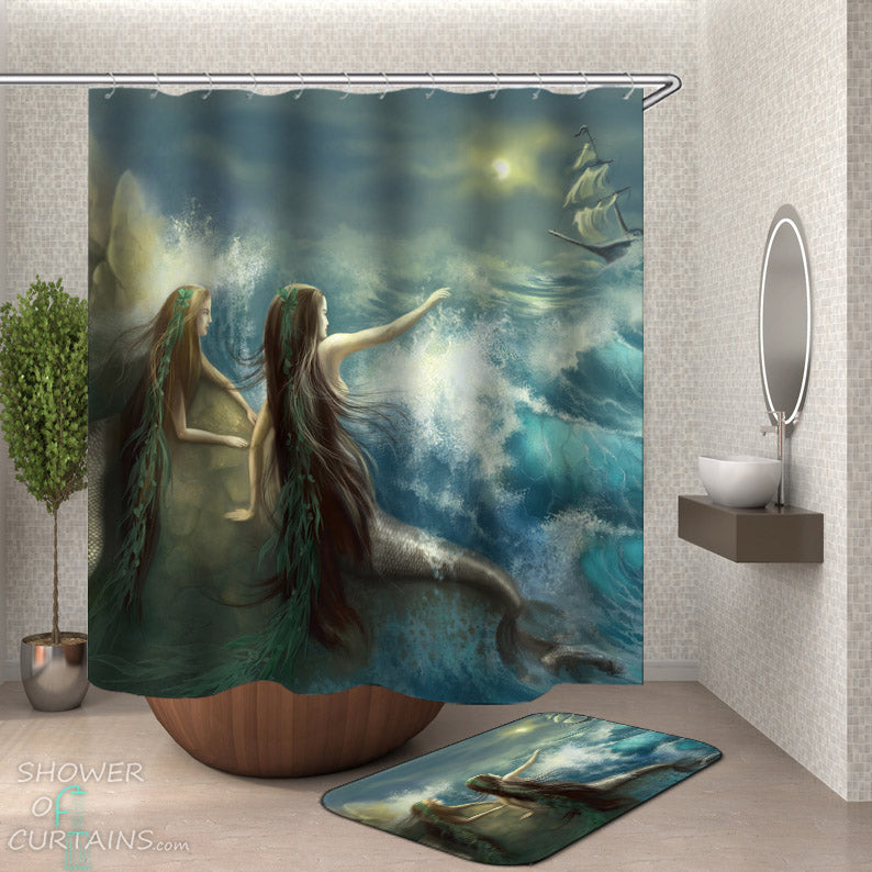 Mermaids and Ship Shower Curtain - Nautical Themed Decor