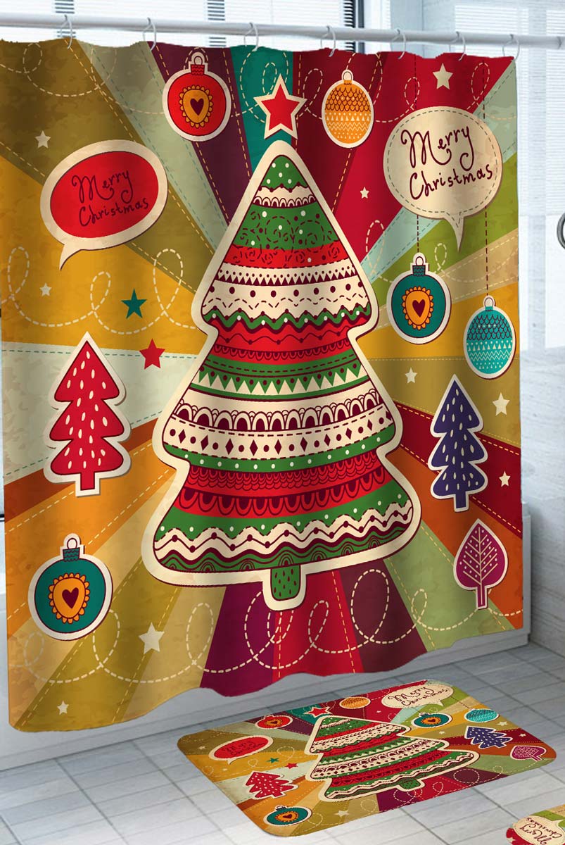 Merry Christmas Shower Curtain with Multi Colored Tree